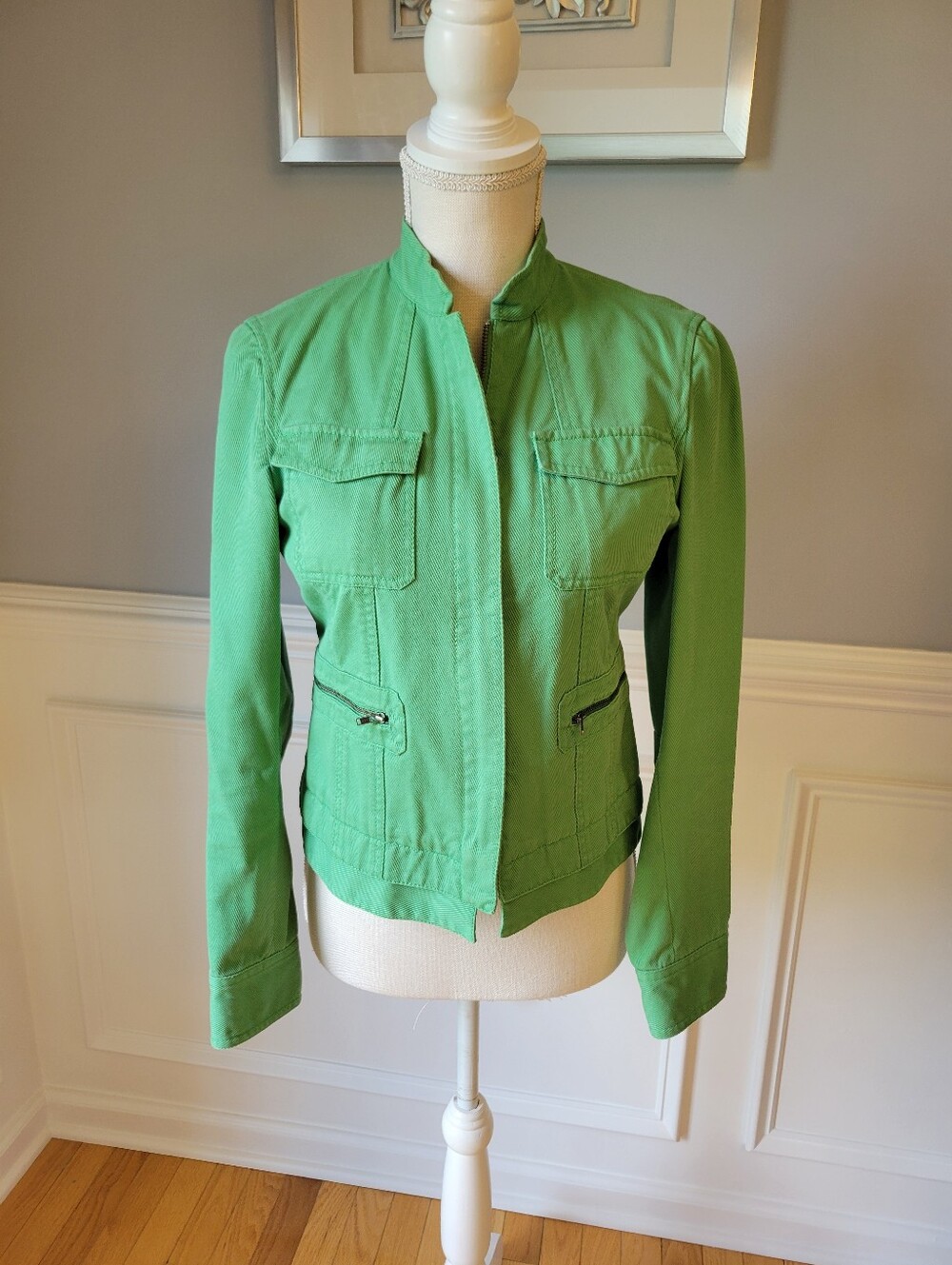 City DKNY Vintage Apple Green Cotton Zip Front Cropped Jacket Women's Size 4